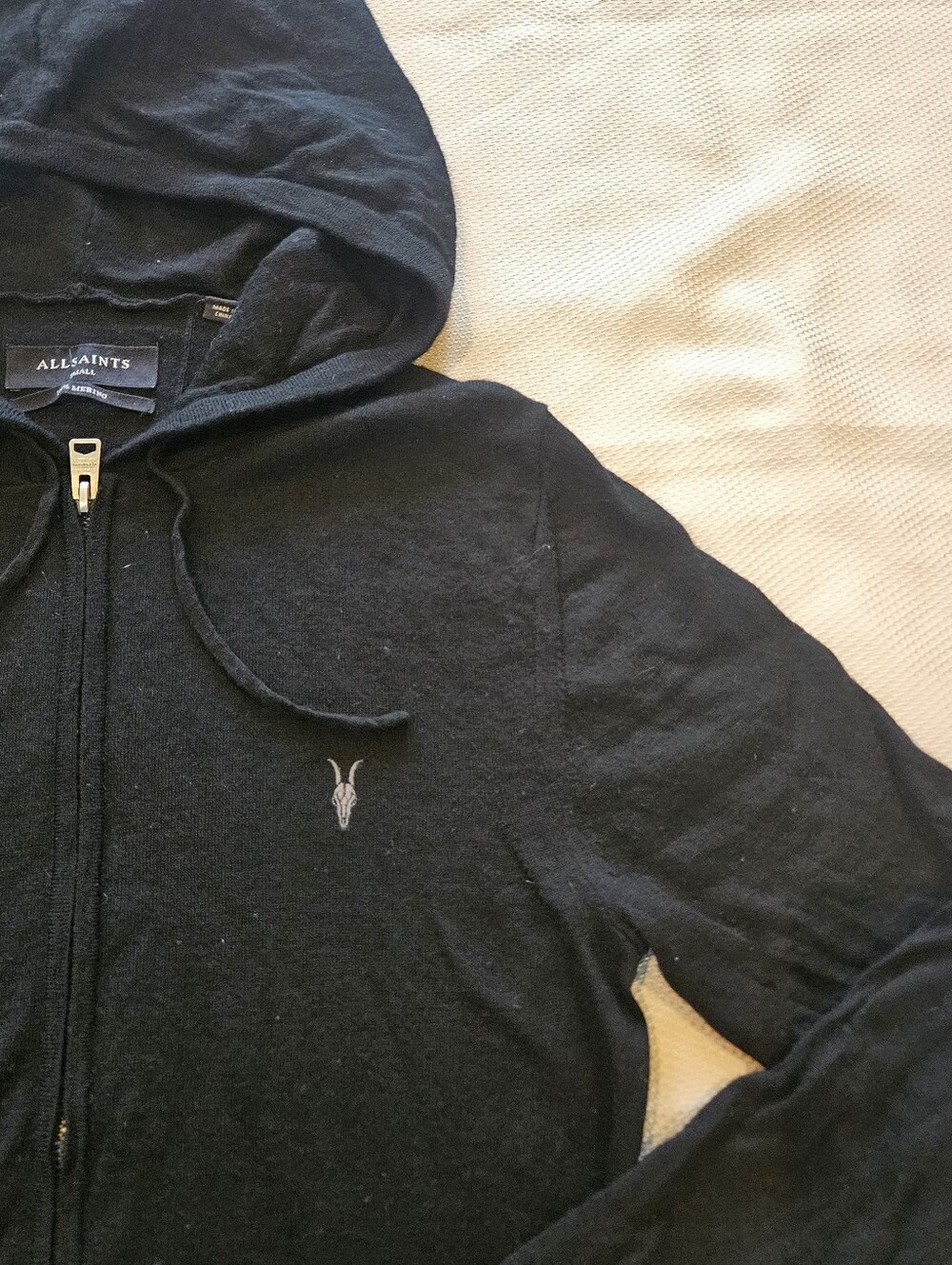 AllSaints Mens Hoodie Small Black Mode Merino Wool Zip Up Ramskull Logo